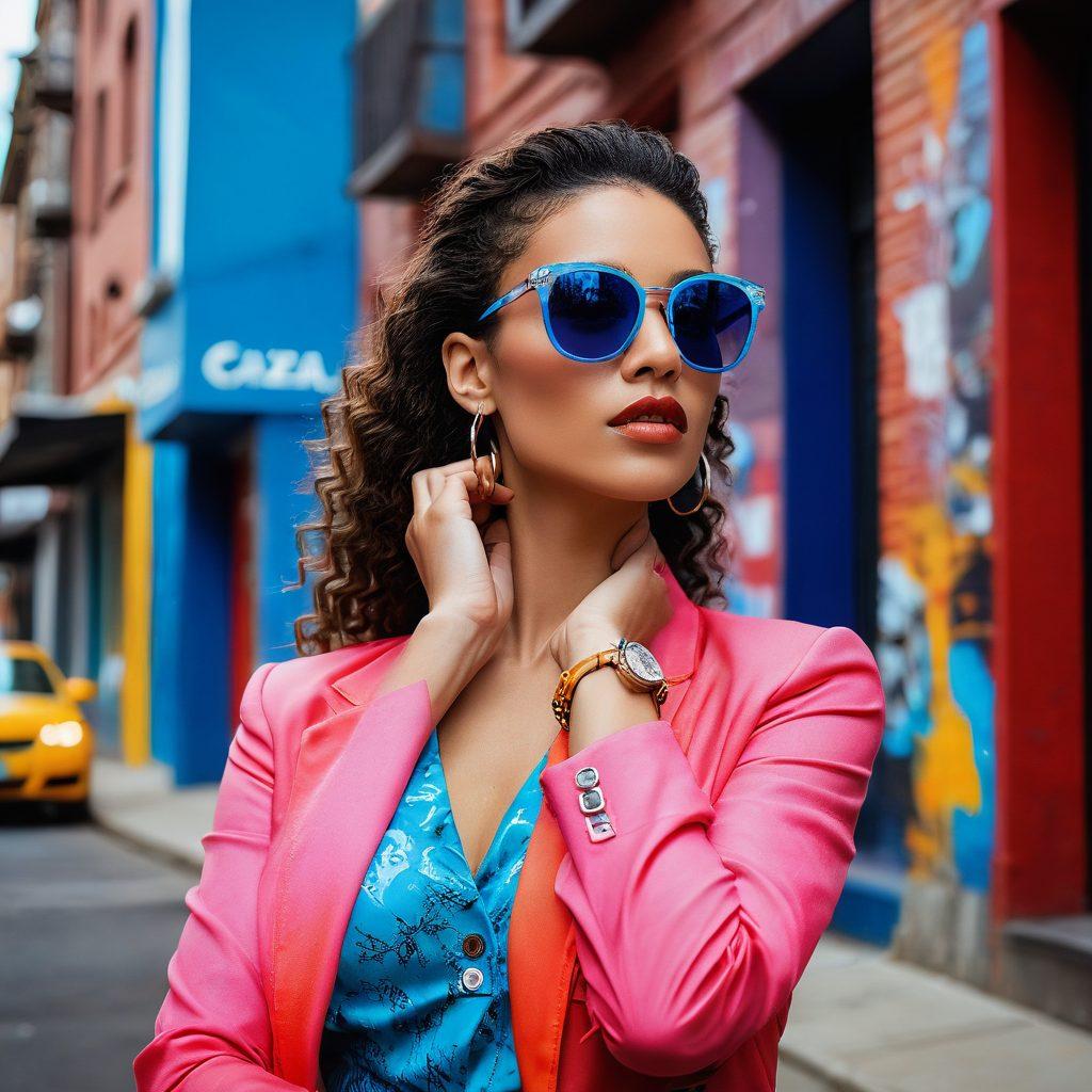 A fashionable model showcasing Cazal eyewear in an urban chic setting, with a vibrant cityscape in the background. The model has a confident pose, wearing a stylish outfit that complements the bold design of the sunglasses. Include elements like street art and upscale boutiques to accentuate the exclusive nature of the accessories. bright colors. fashion photography. urban aesthetic.