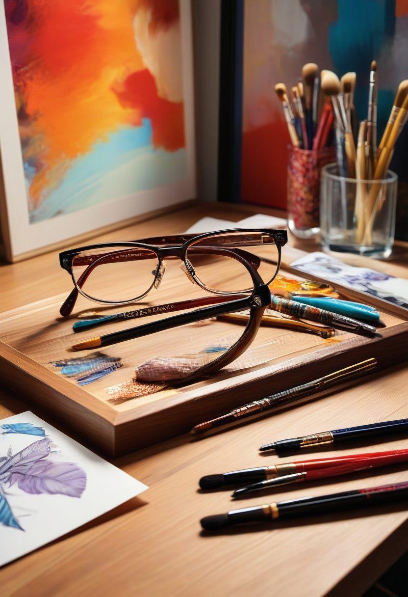 A stylish pair of Cazal eyewear prominently displayed on a modern wooden table, surrounded by paintbrushes, color palettes, and artistic sketches. The background features a vibrant gallery wall filled with abstract art, blending creativity and elegance. Soft lighting enhances the textures and colors of the eyewear, inviting viewers to appreciate the artistry in design. super-realistic. vibrant colors. soft focus.