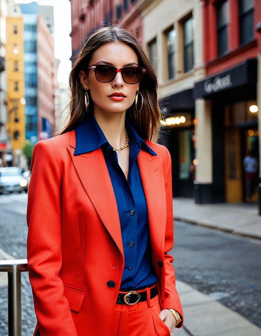 A fashionable person wearing Cazal frames, posed confidently against a stylish urban backdrop. The reflection in the glasses should showcase a vibrant cityscape, symbolizing the blend of modernity and chic style. Include fashionable accessories and outfits that complement the glasses, highlighting elegance and sophistication. Use bright colors to create a lively atmosphere, enhancing the overall sense of fashion. super-realistic. vibrant colors. dynamic background.
